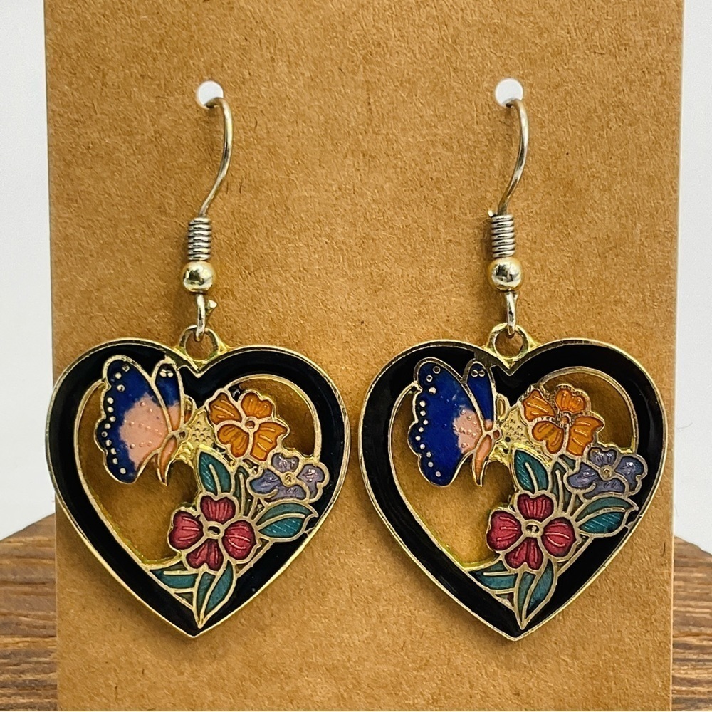 VTG Earrings Cloisonne Flower Butterfly Gold Tone 80s Jewelry Heart Gift Black - Picture 1 of 8